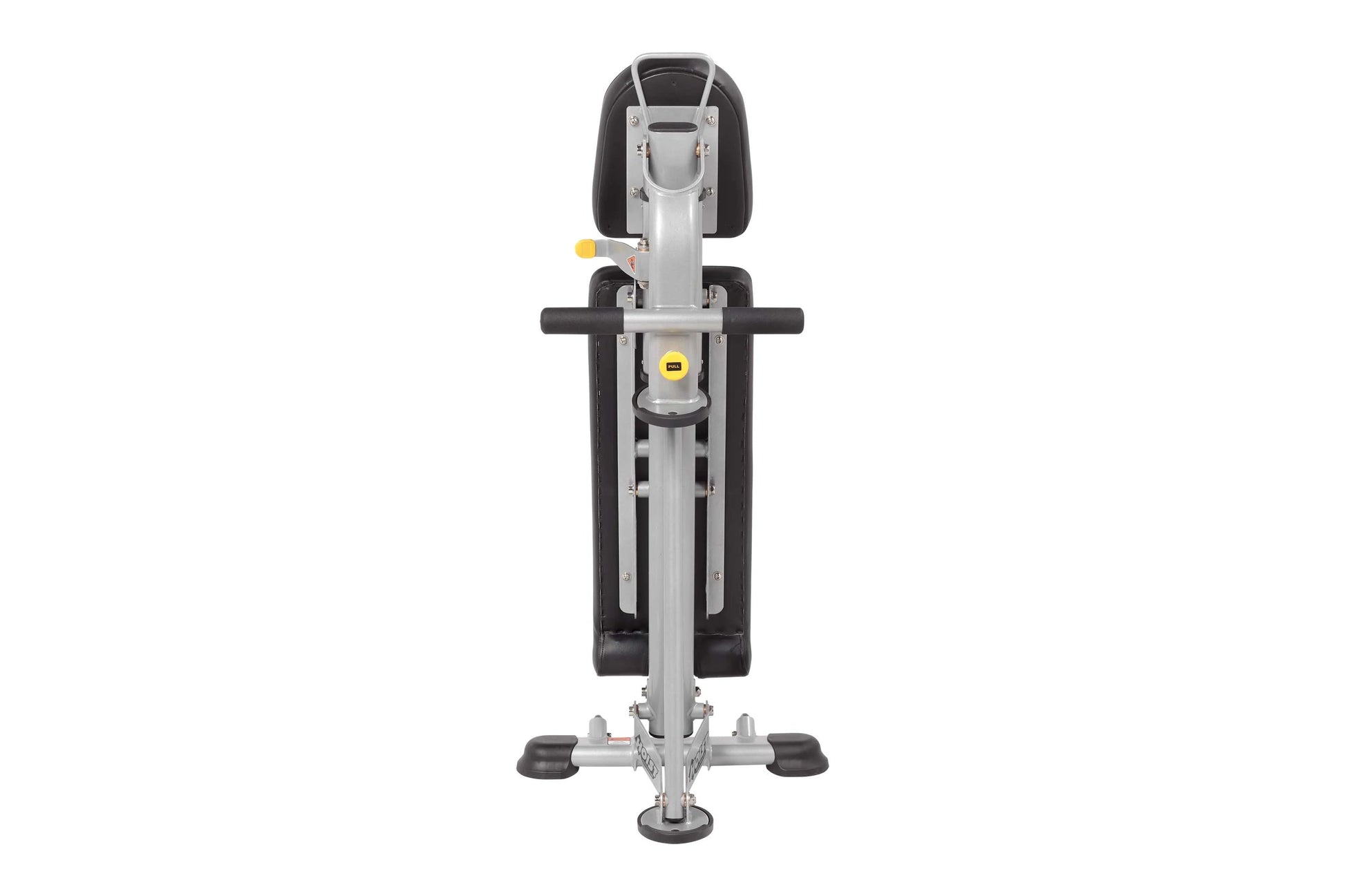 Hoist 7-position folding fid bench with black and silver frame, padded seat and backrest, yellow accent details, viewed from 