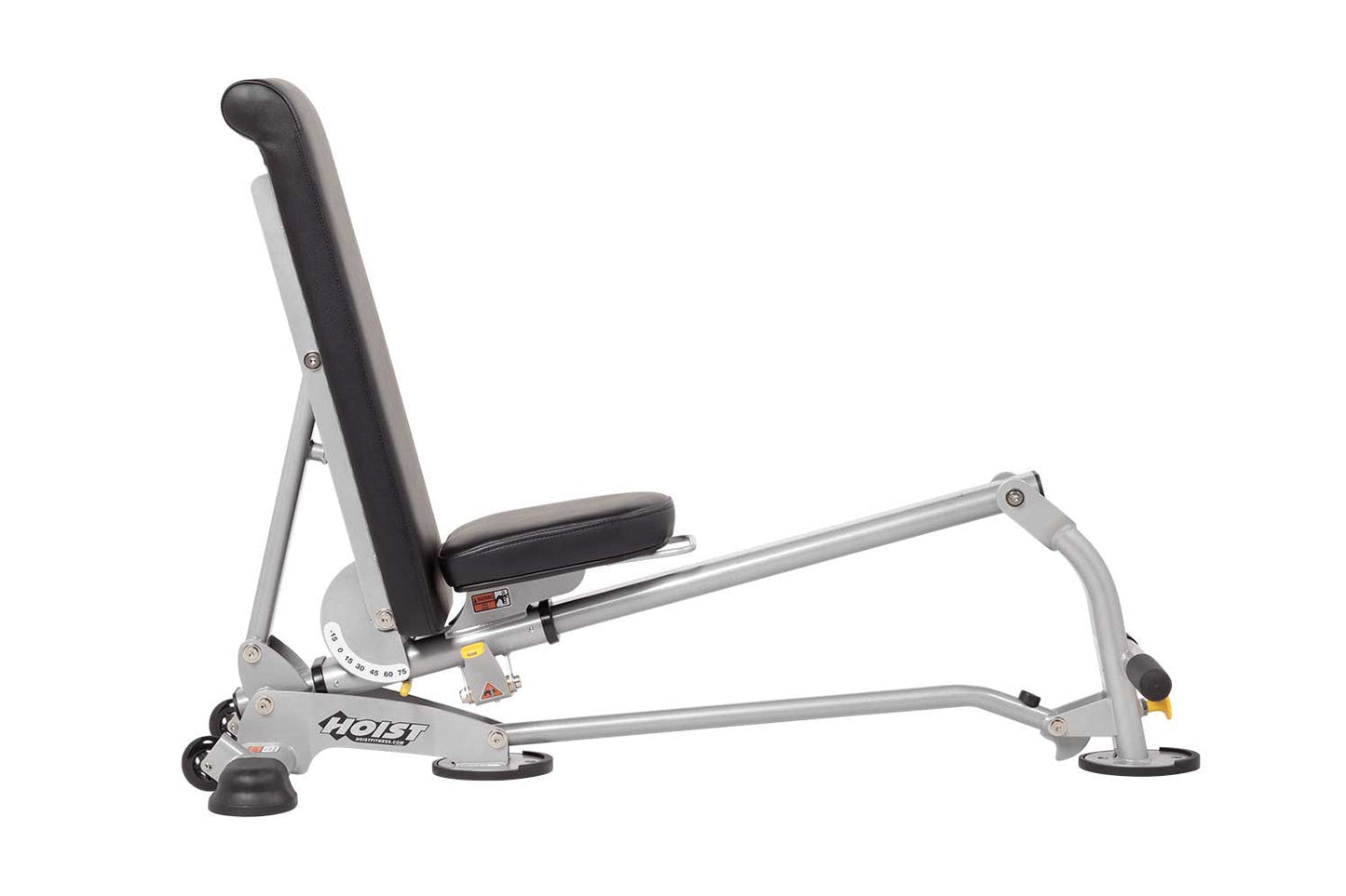 Hoist 7-position folding fid bench with gray metal frame, black padded backrest and seat, adjustable leg extension, on white 