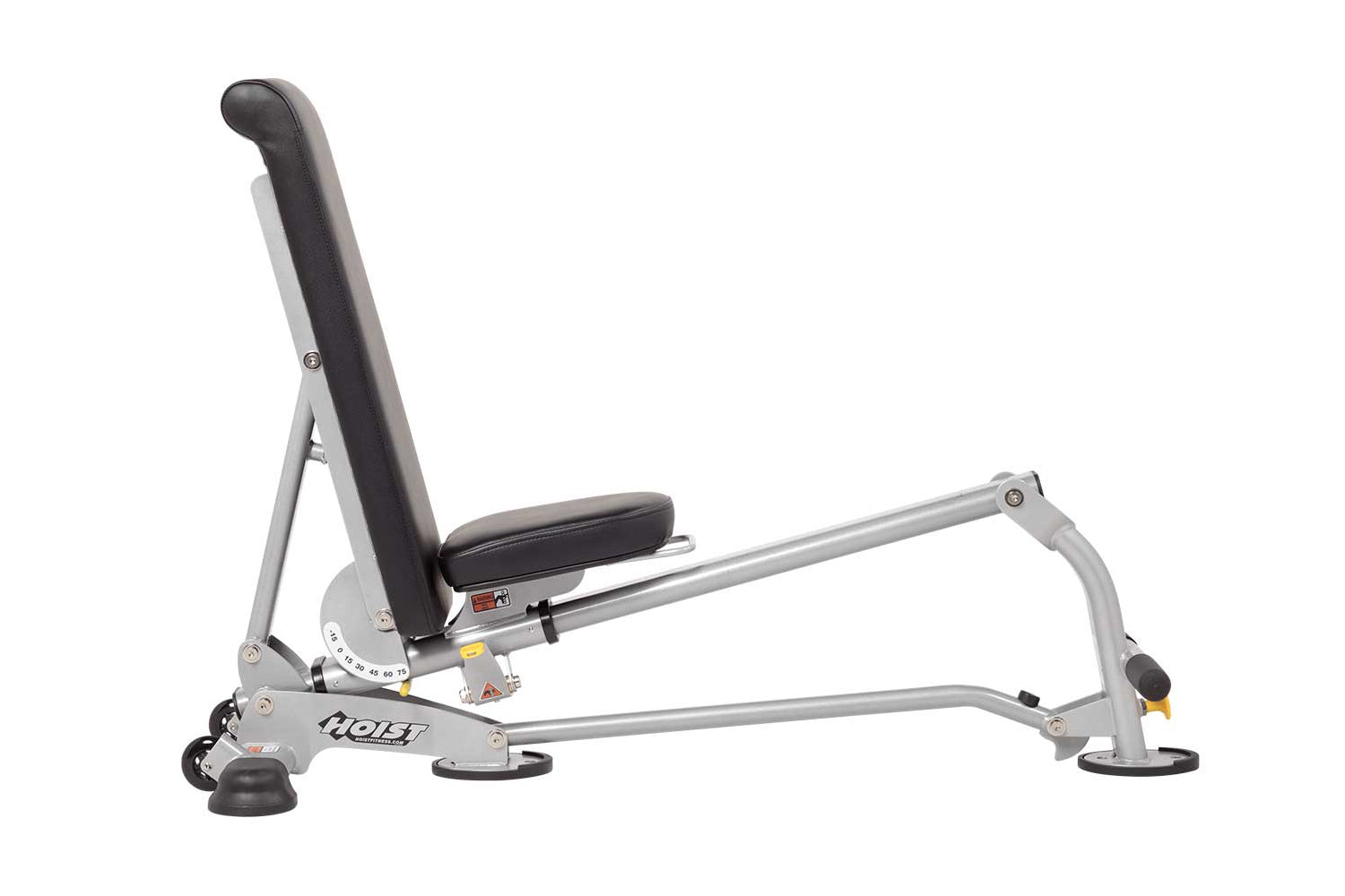 Hoist 7-position folding fid bench with gray metal frame, black padded backrest and seat, adjustable leg extension, on white 