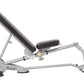 Hoist 7-position folding weight bench with silver metal frame, black padded backrest and seat, adjustable leg extension, on w