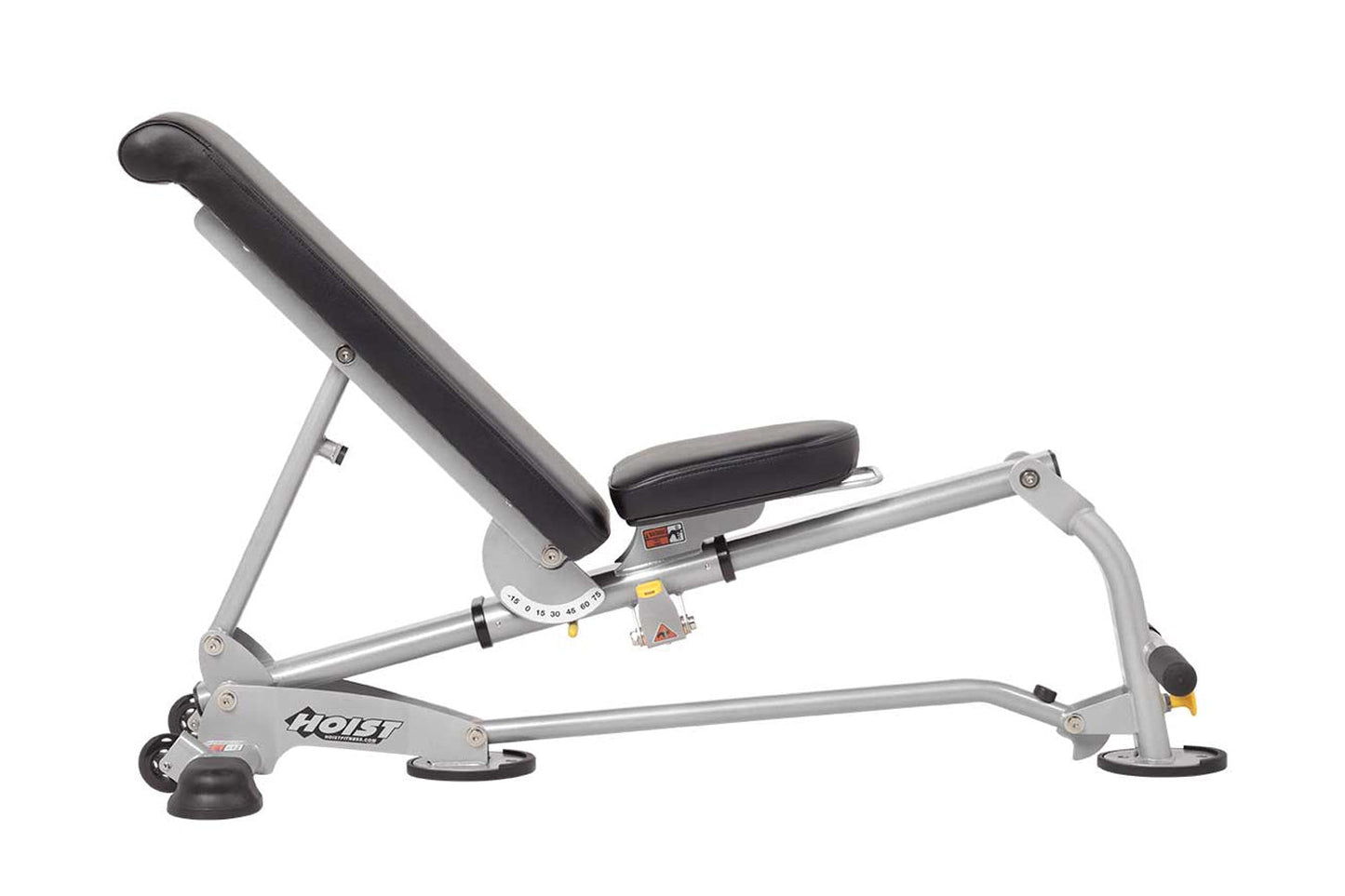 Hoist 7-position folding weight bench with silver metal frame, black padded backrest and seat, adjustable leg extension, on w