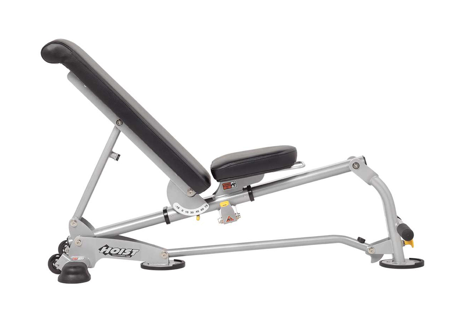 Hoist 7-position folding weight bench with silver metal frame, black padded backrest and seat, adjustable leg extension, on w