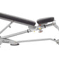 Hoist 7-position folding fid bench with silver metal frame, black padded backrest and seat, and adjustable leg extension on w