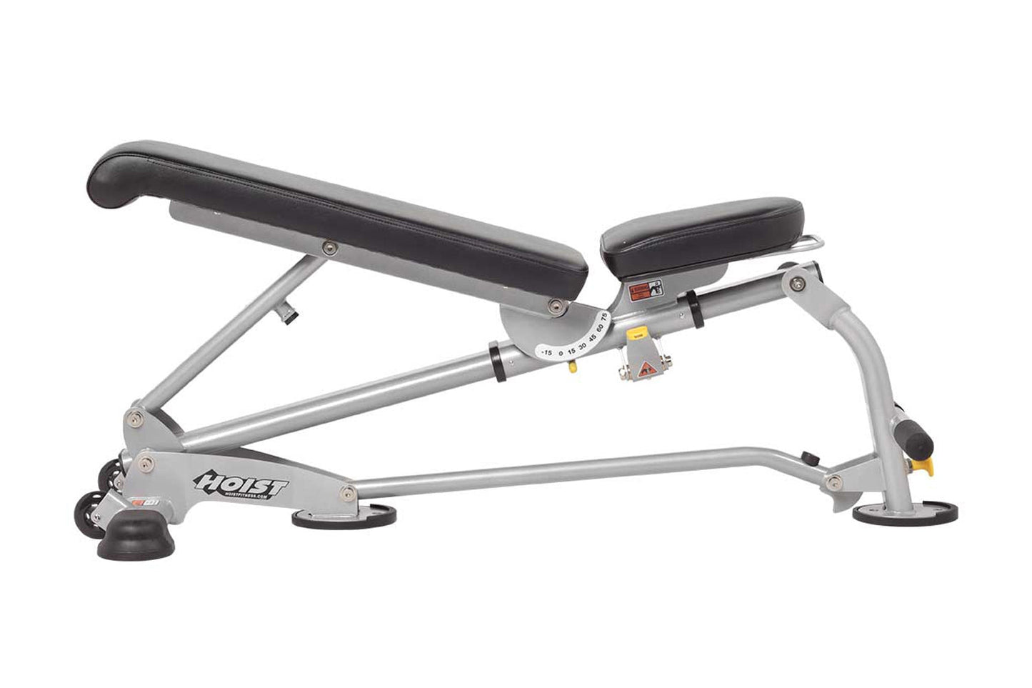 Hoist 7-position folding fid bench with silver metal frame, black padded backrest and seat, and adjustable leg extension on w