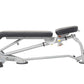 Hoist 7-position folding flat bench with gray steel frame, black padded seat and backrest, adjustable incline mechanism, and 