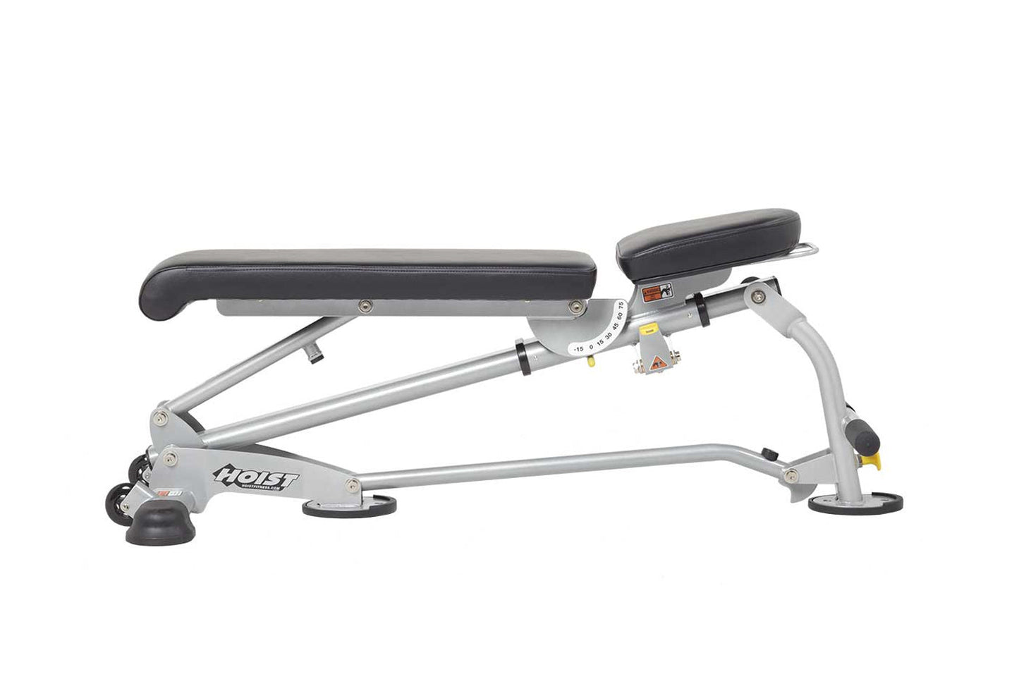 Hoist 7-position folding flat bench with gray steel frame, black padded seat and backrest, adjustable incline mechanism, and 