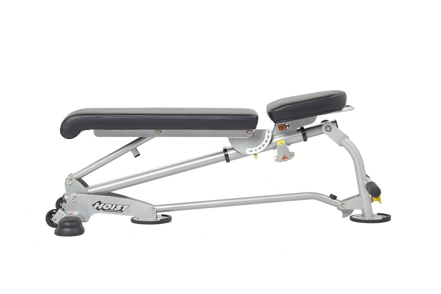 Hoist 7-position folding flat bench with gray steel frame, black padded seat and backrest, adjustable incline mechanism, and 