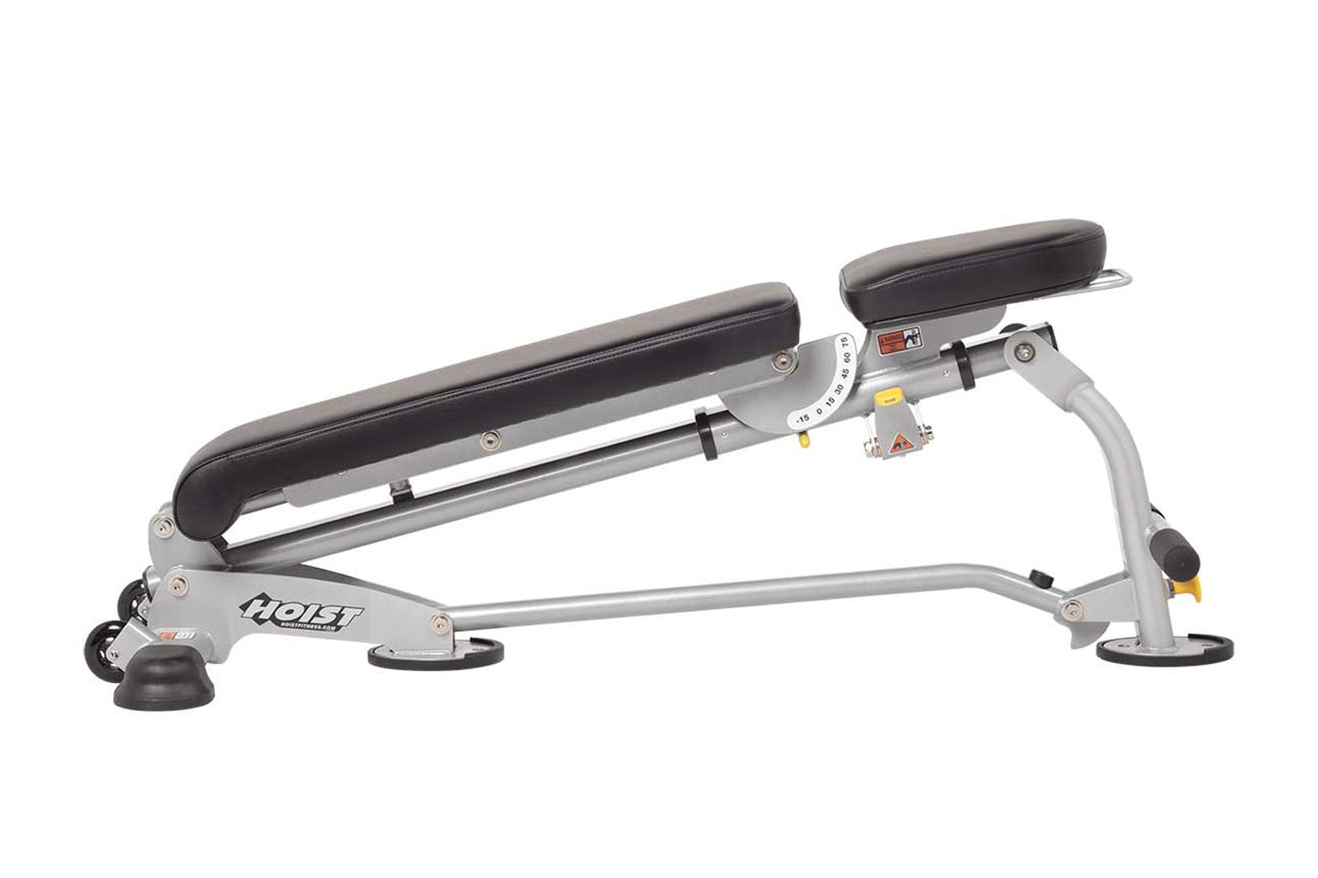 Hoist 7-Position Folding Fid Bench with gray metal frame, black padded seat and back, adjustable backrest, and rubber foot pa