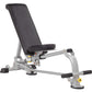 Hoist 7-position folding weight bench with black padded seat and backrest, silver metal frame, and adjustable leg extension, 