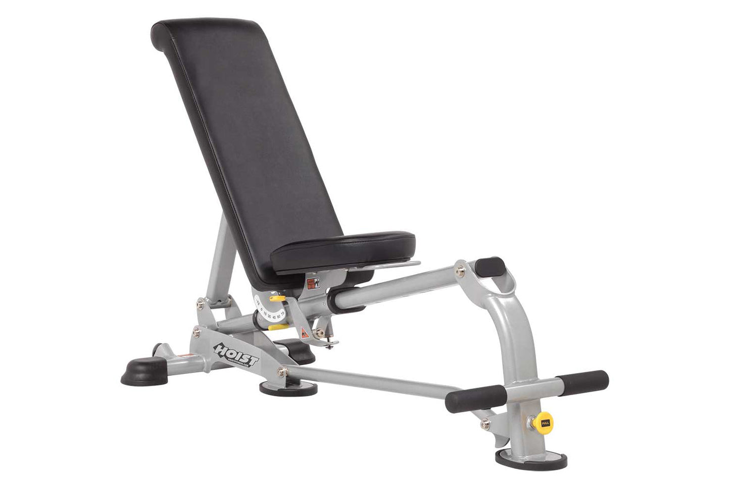 Hoist 7-position folding weight bench with black padded seat and backrest, silver metal frame, and adjustable leg extension, 
