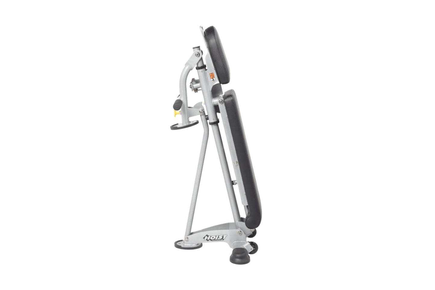 Hoist 7-position folding fid bench with gray frame, black padded backrest and seat, adjustable arms, yellow handle, on white 