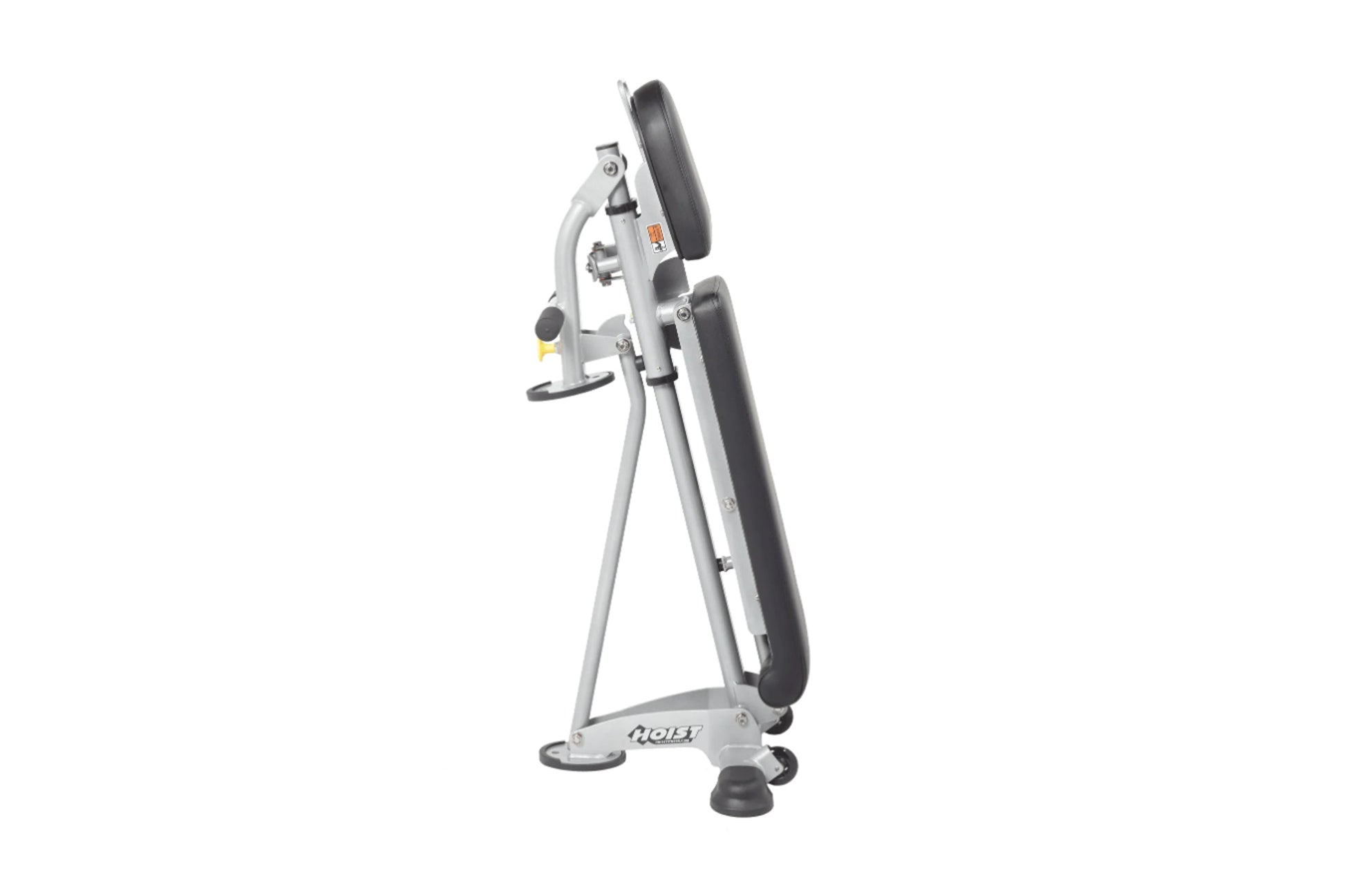 Hoist 7-position folding fid bench with gray frame, black padded backrest and seat, adjustable arms, yellow handle, on white 