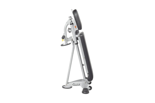 Hoist 7-position folding fid bench with gray frame, black padded backrest and seat, adjustable arms, yellow handle, on white 