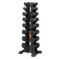 Black vertical dumbbell tower rack with eight pairs of hexagonal dumbbells arranged on central post, stable base with rubber 