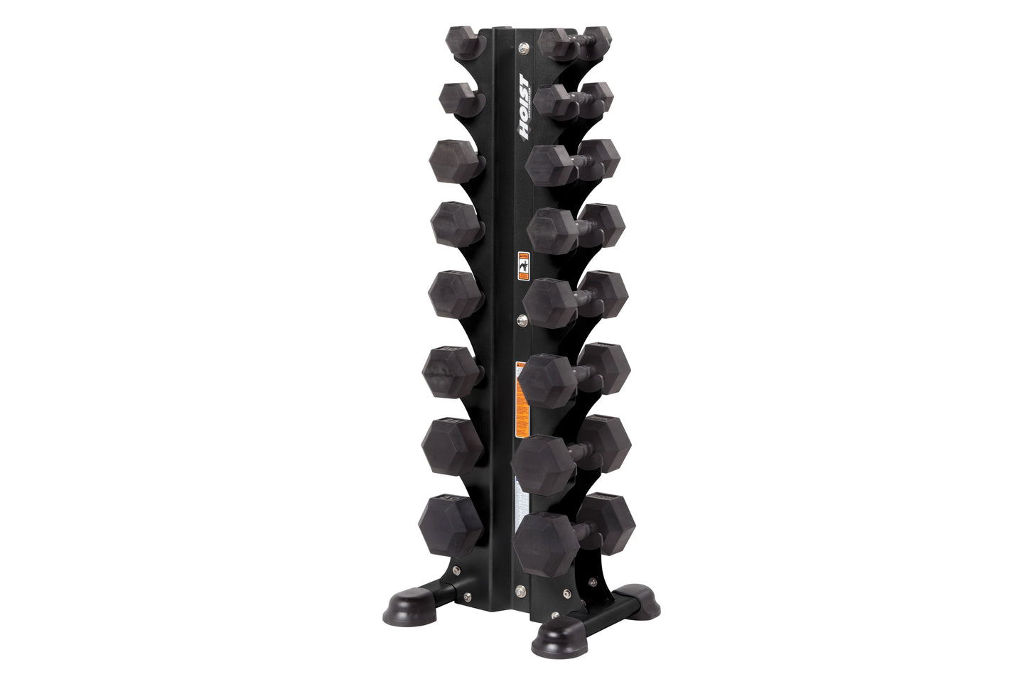 Black vertical dumbbell tower rack with eight pairs of hexagonal dumbbells arranged on central post, stable base with rubber 
