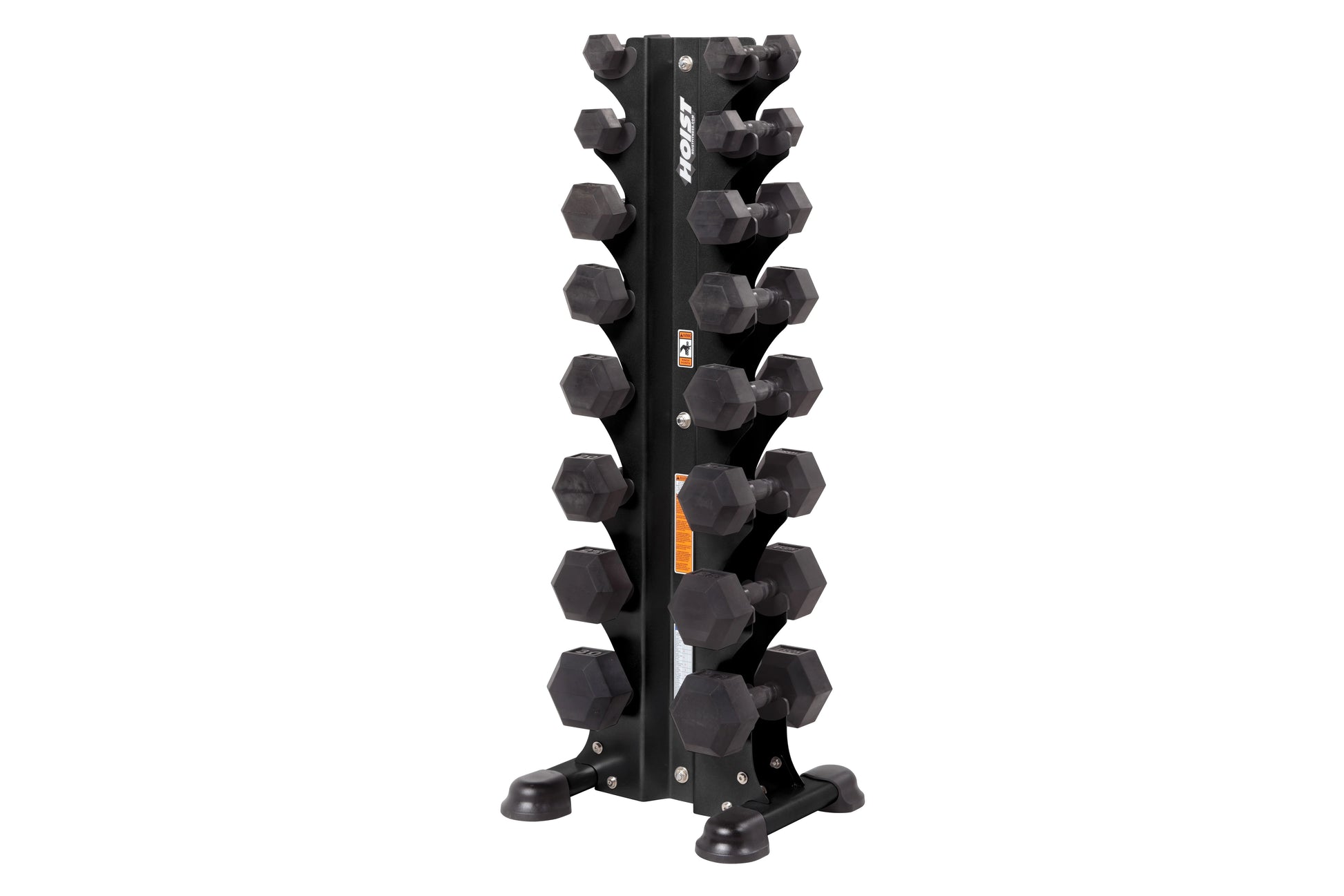 Black vertical dumbbell tower rack with eight pairs of hexagonal dumbbells arranged on central post, stable base with rubber 