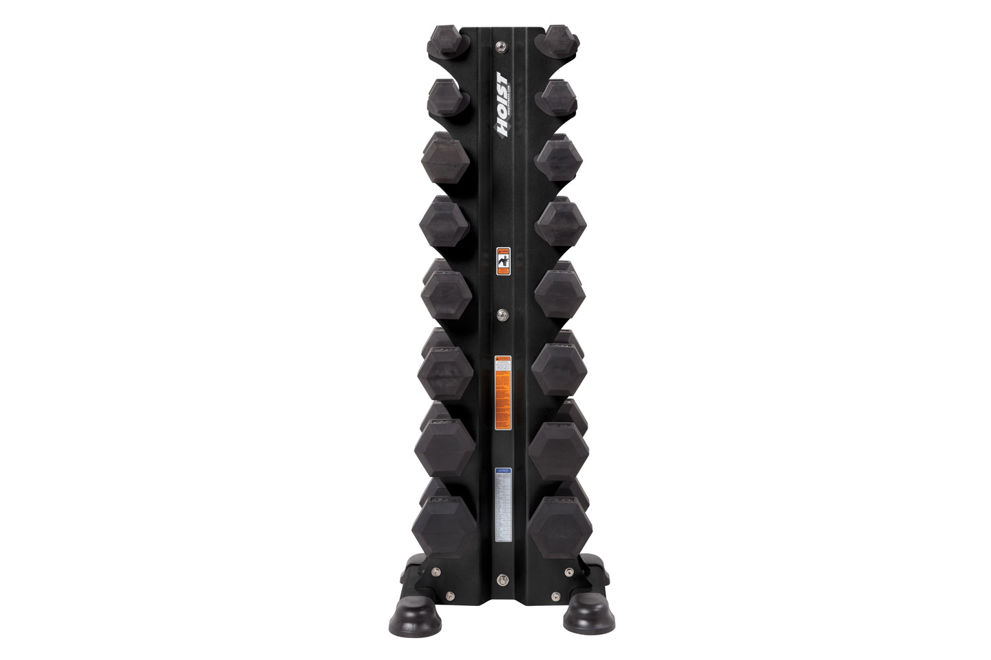 Black vertical dumbbell rack with hexagonal dumbbells arranged on both sides, Hoist branding, on white background