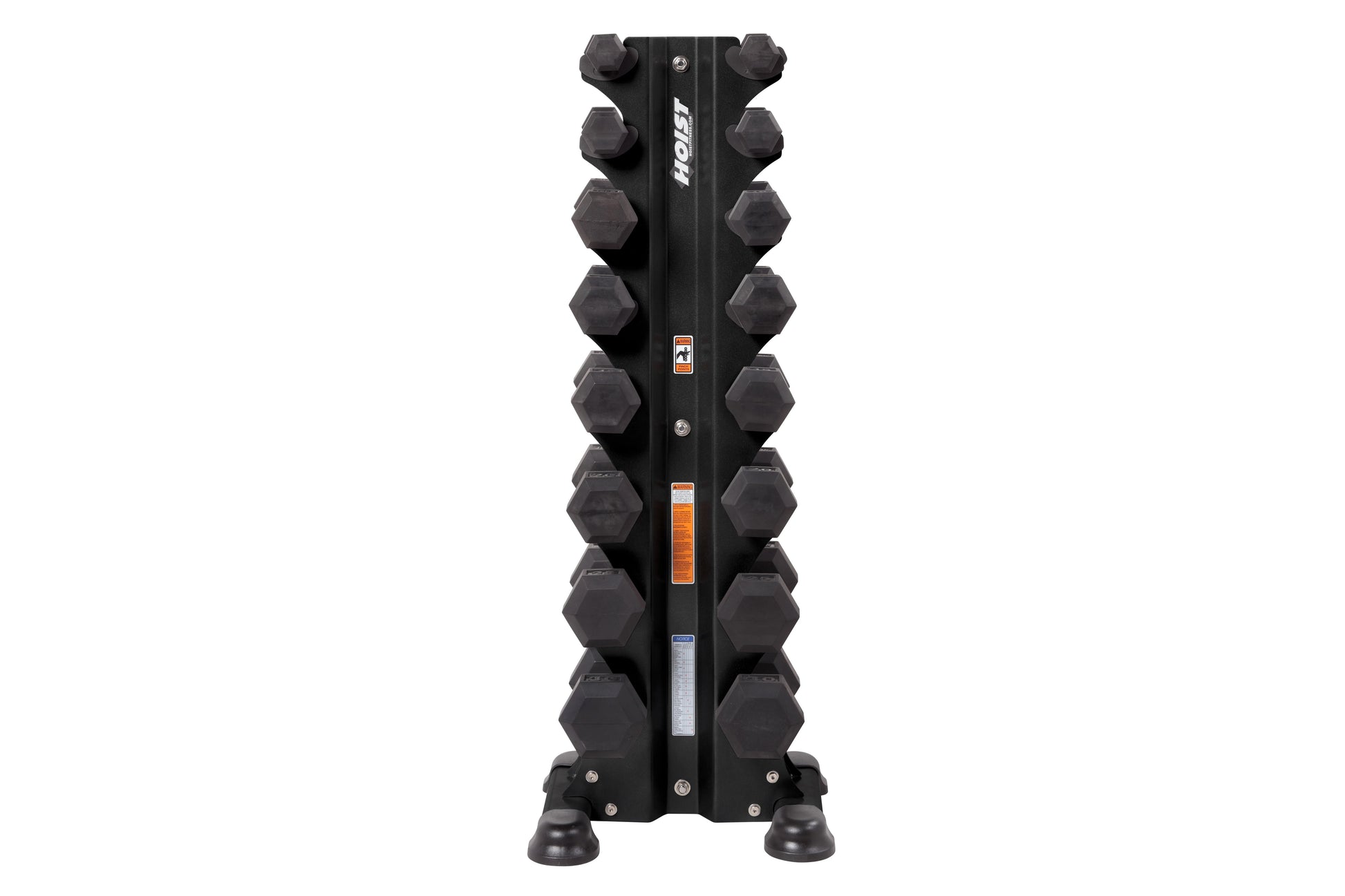 Black vertical dumbbell rack with hexagonal dumbbells arranged on both sides, Hoist branding, on white background