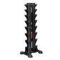 Black vertical dumbbell tower rack with eight tiered curved shelves and stable base feet, on white background