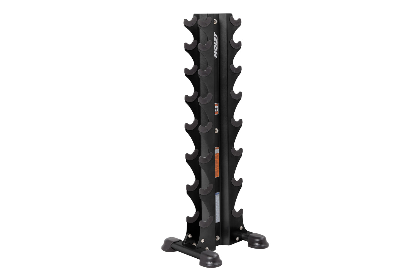 Black vertical dumbbell tower rack with eight tiered curved shelves and stable base feet, on white background