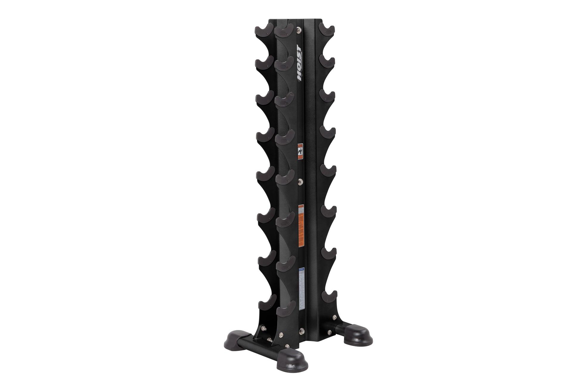 Black vertical dumbbell tower rack with eight tiered curved shelves and stable base feet, on white background