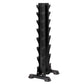 Black vertical dumbbell tower rack with eight tiered shelves and stable base, displayed on white background