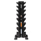 Black vertical dumbbell rack with eight curved storage arms on central column, Hoist branding, stable base with rubber feet, 