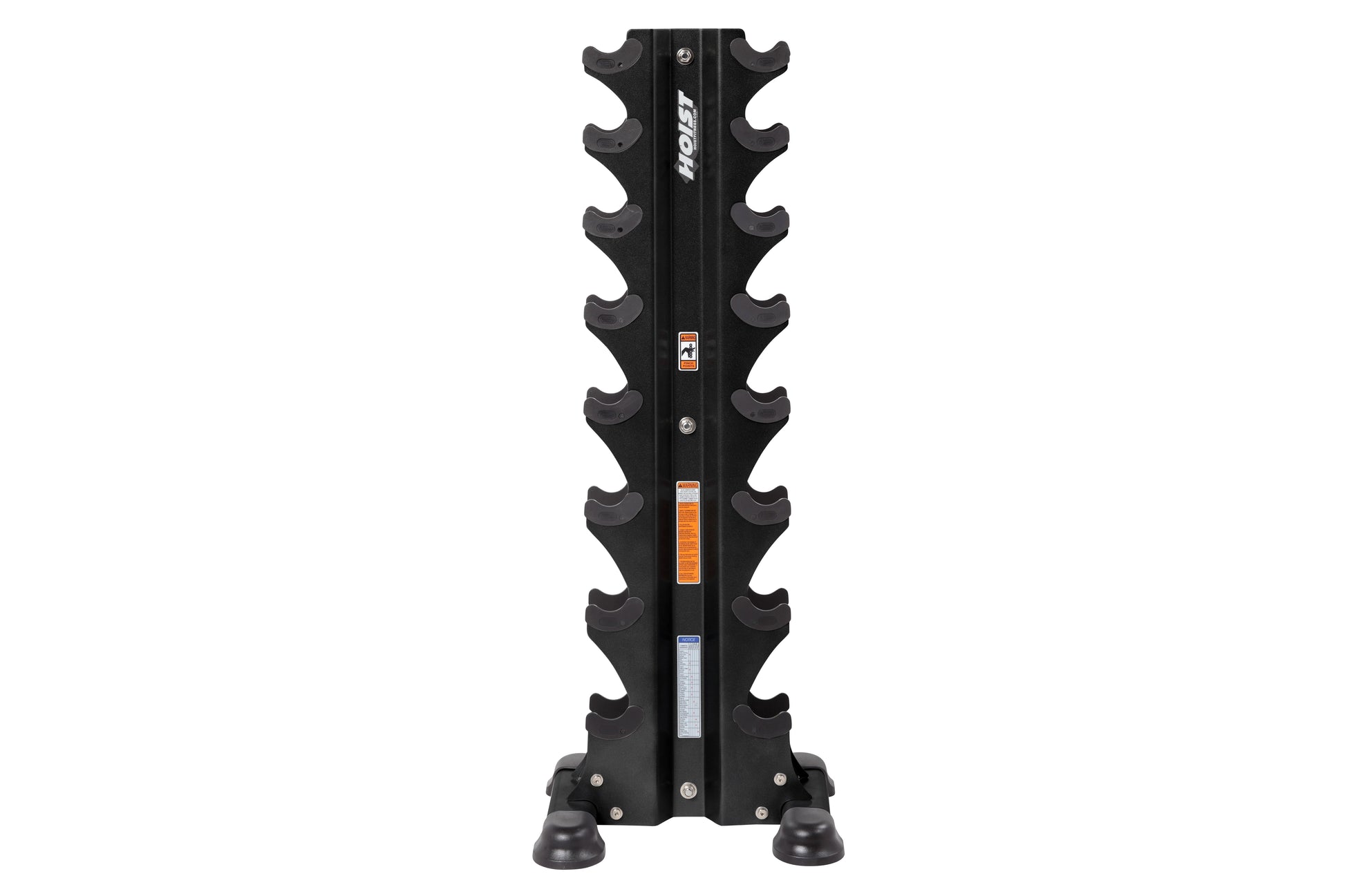 Black vertical dumbbell rack with eight curved storage arms on central column, Hoist branding, stable base with rubber feet, 