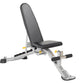 Hoist 7-Position FID Bench with black padded backrest and seat, silver metal frame, yellow adjustment handles, on white backg