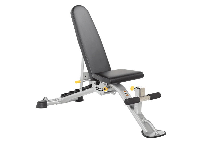 Hoist 7-Position FID Bench with black padded backrest and seat, silver metal frame, yellow adjustment handles, on white backg