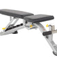 Hoist 7-position FID bench with black padded seat and backrest, silver frame, yellow adjustment knobs, and leg extension atta