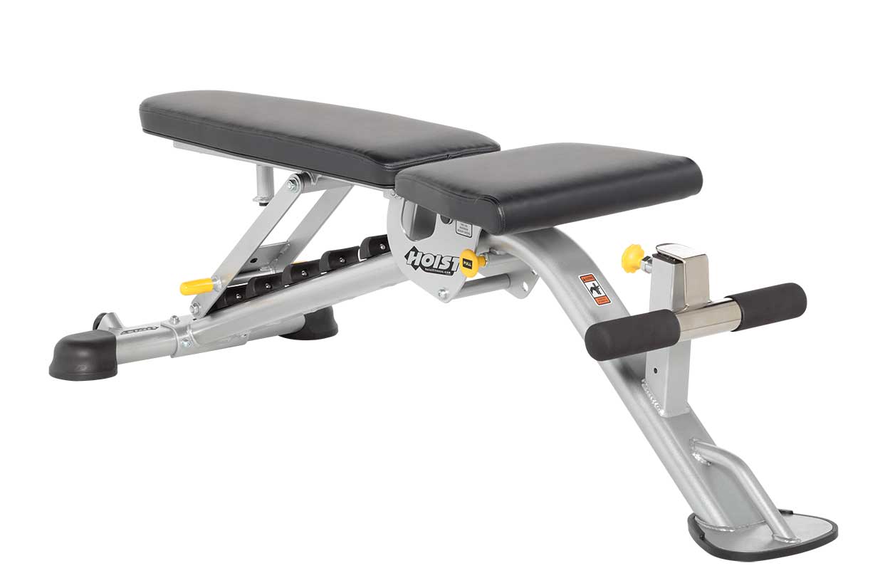 Hoist 7-position FID bench with black padded seat and backrest, silver frame, yellow adjustment knobs, and leg extension atta