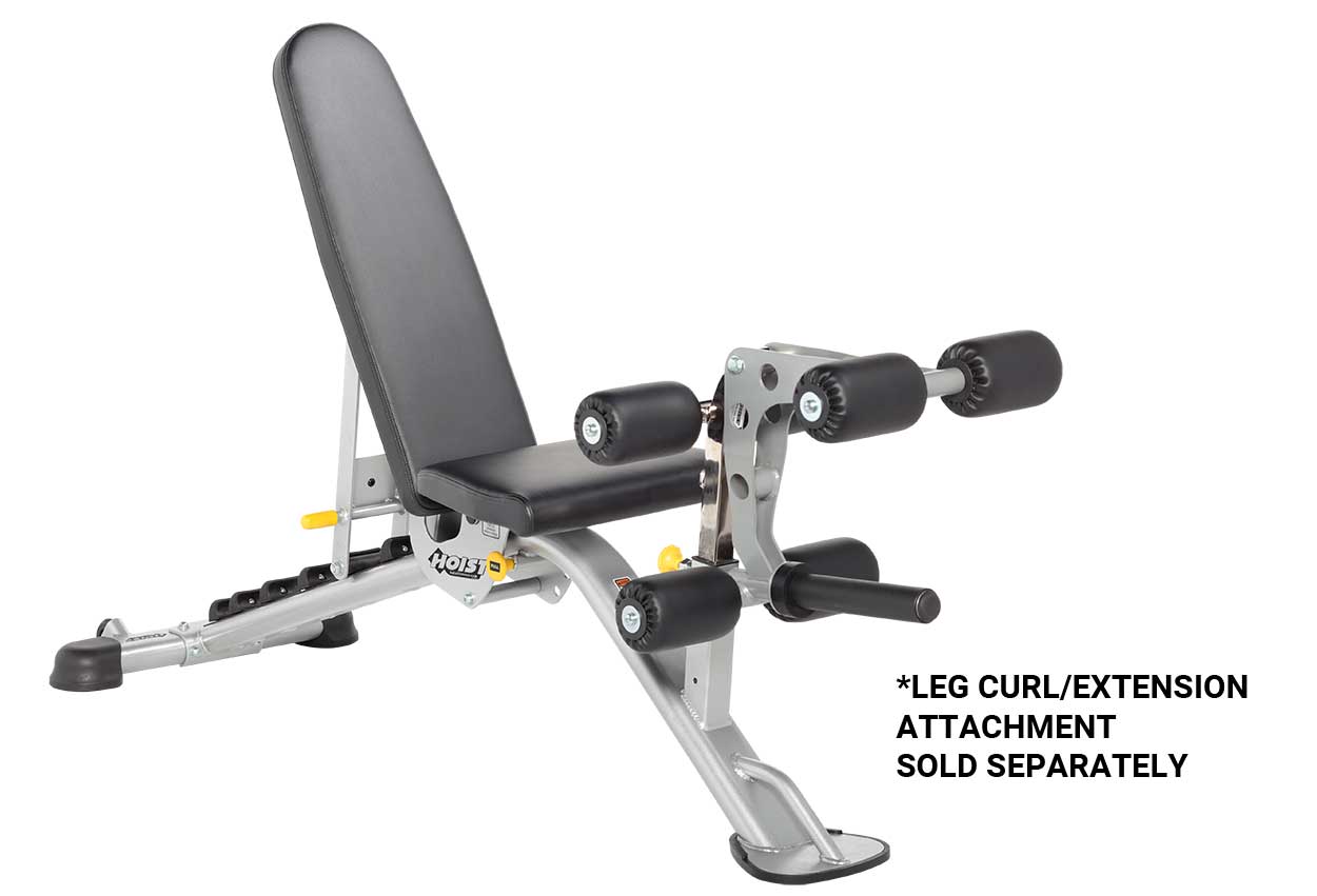 Hoist 7-Position FID Bench with black padded seat and backrest, silver metal frame, and black leg attachment arms on white ba