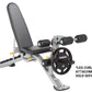 Hoist 7-position FID bench with gray and silver frame, black padded seat and backrest, and weight plate storage on white back