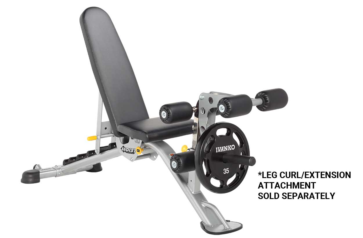 Hoist 7-position FID bench with gray and silver frame, black padded seat and backrest, and weight plate storage on white back
