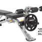 Hoist 7-position FID bench with silver frame, black padded seat and backrest, leg curl attachment with weight plate, on white