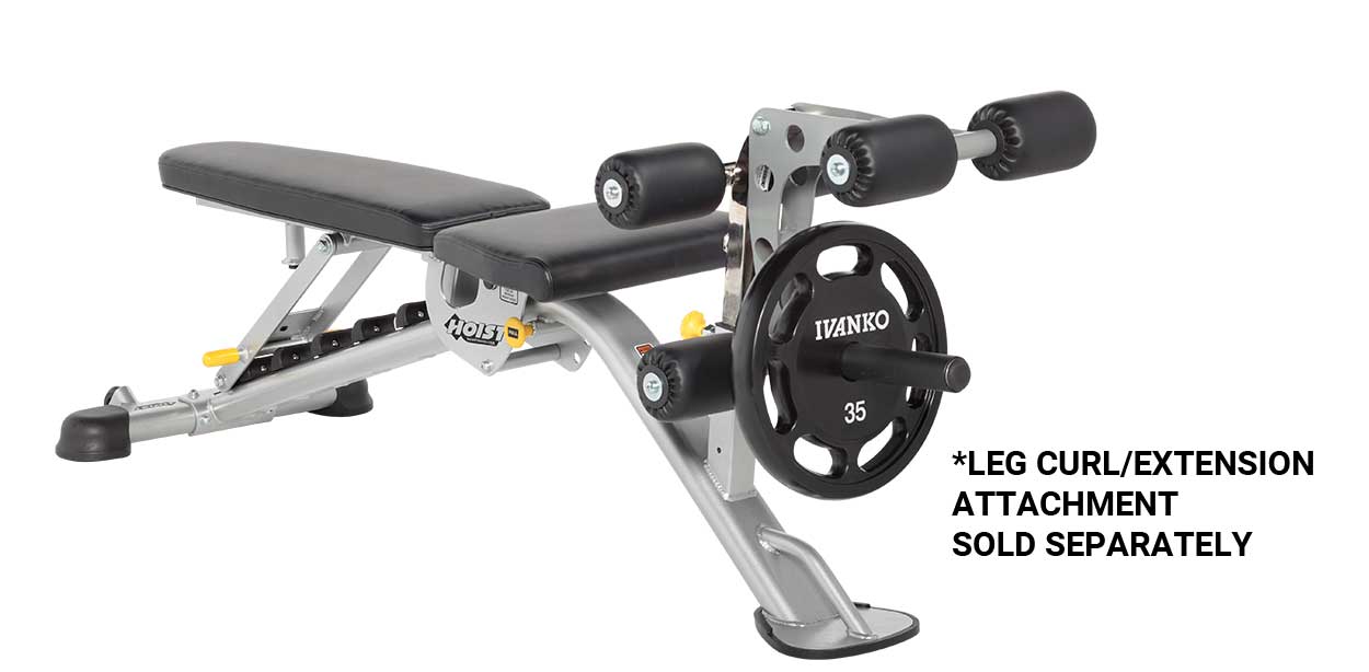 Hoist 7-position FID bench with silver frame, black padded seat and backrest, leg curl attachment with weight plate, on white