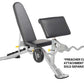 Hoist 7-position FID bench with black padded seat and backrest, silver metal frame, and weight plate storage on white backgro