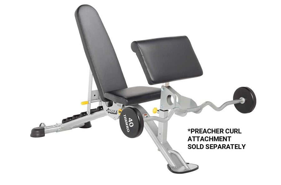 Hoist 7-position FID bench with black padded seat and backrest, silver metal frame, and weight plate storage on white backgro