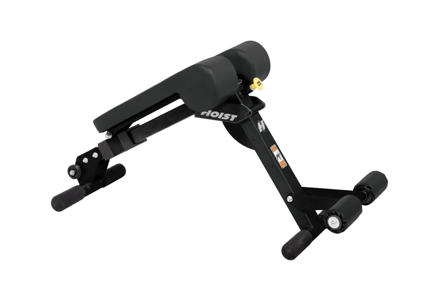 Black Hoist Ab/Back Hyper Bench with padded roller, angled frame, and adjustable leg extensions on white background