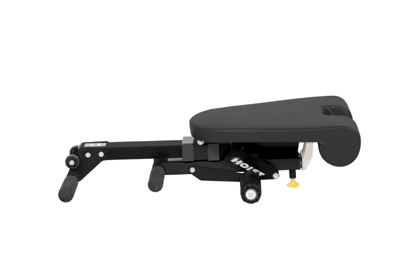 Black Hoist Ab/Back Hyper Bench with padded backrest, adjustable leg extension, and wheeled base on white background