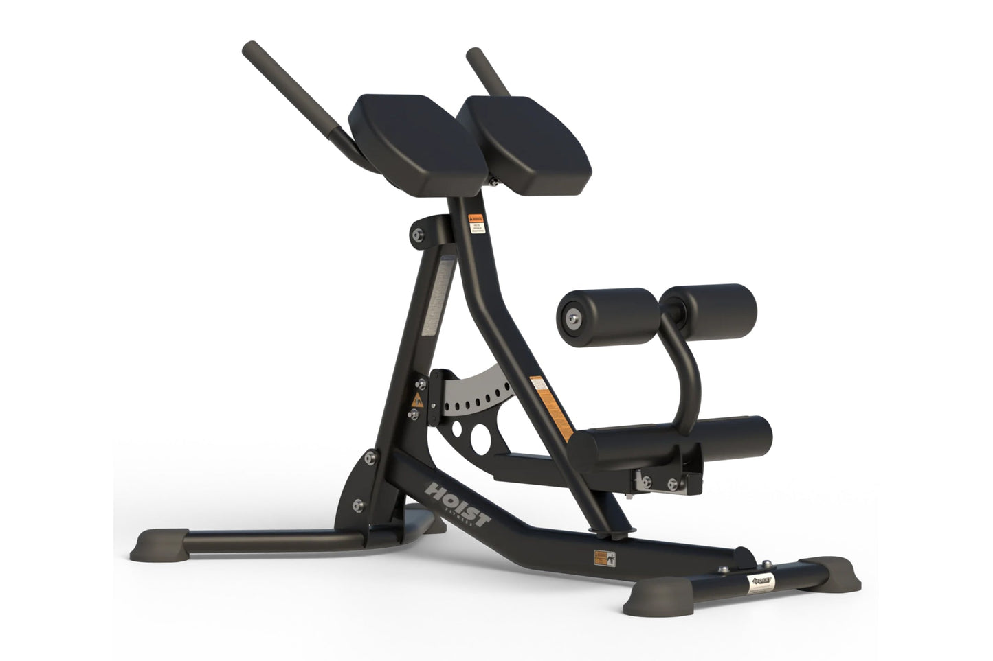 Black Hoist AB/Back Roman Hyper Bench with padded seat and back support, dual foot pedals, and adjustable frame on white back