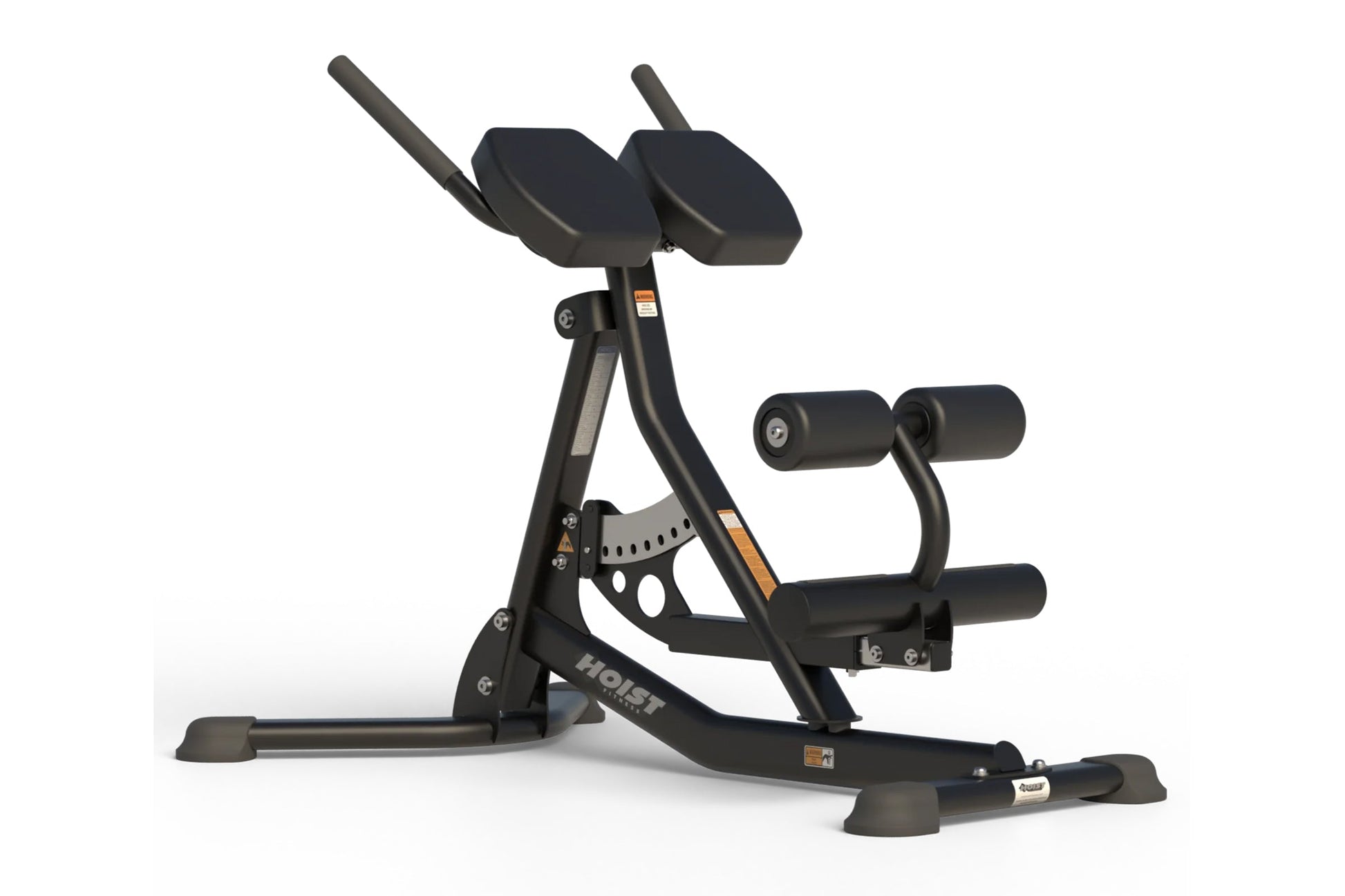 Black Hoist AB/Back Roman Hyper Bench with padded seat and back support, dual foot pedals, and adjustable frame on white back