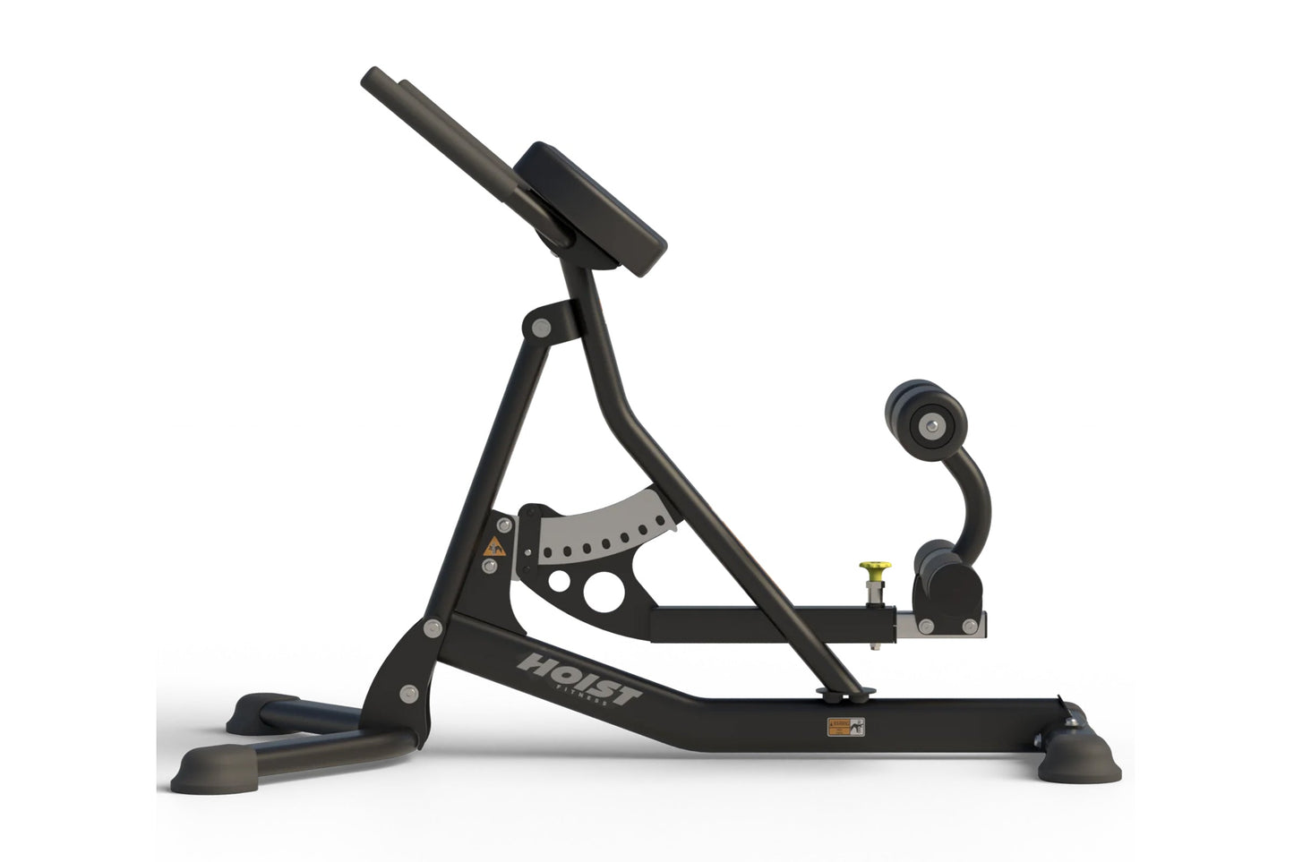 Black Hoist Roman hyperextension bench with adjustable backrest, foot plate, and stabilizing base on white background