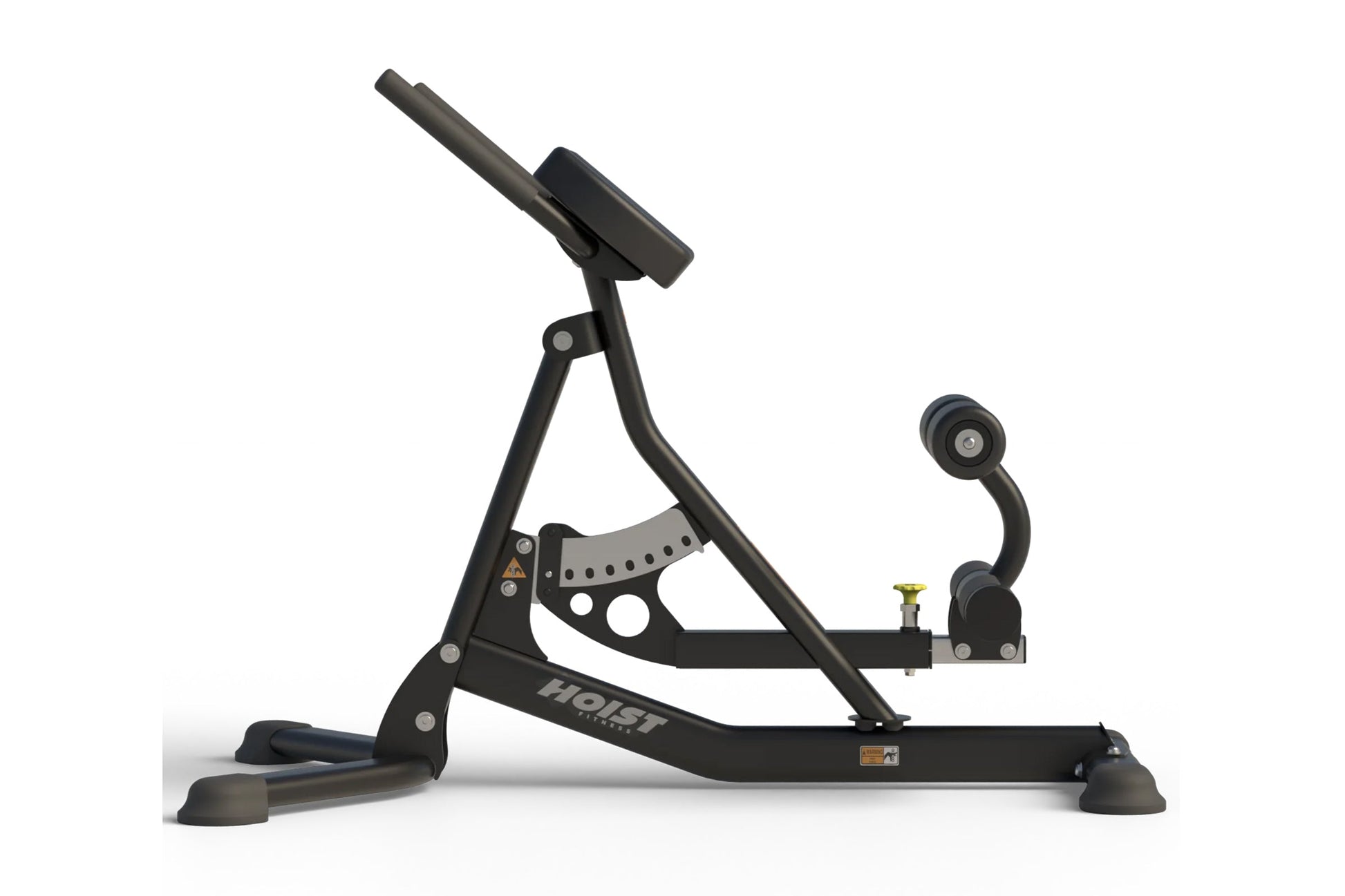 Black Hoist Roman hyperextension bench with adjustable backrest, foot plate, and stabilizing base on white background