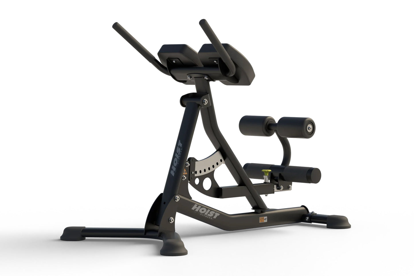 Black Hoist Roman hyperextension bench with adjustable backrest, padded leg hold-down bar, and dual grip handles on white bac