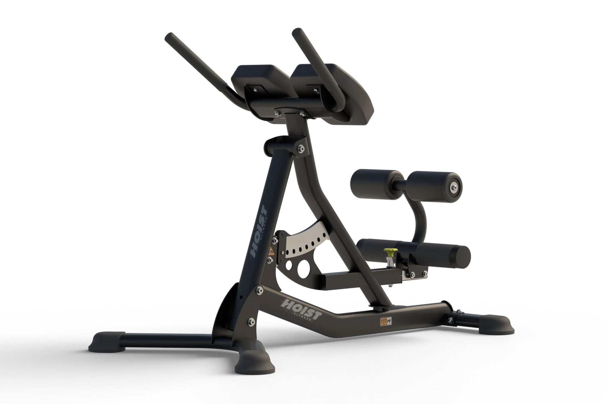 Black Hoist Roman hyperextension bench with adjustable backrest, padded leg hold-down bar, and dual grip handles on white bac