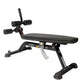 Hoist adjustable abdominal bench with black padded seat, dual rotating leg attachment arms, and foam foot platform on white b