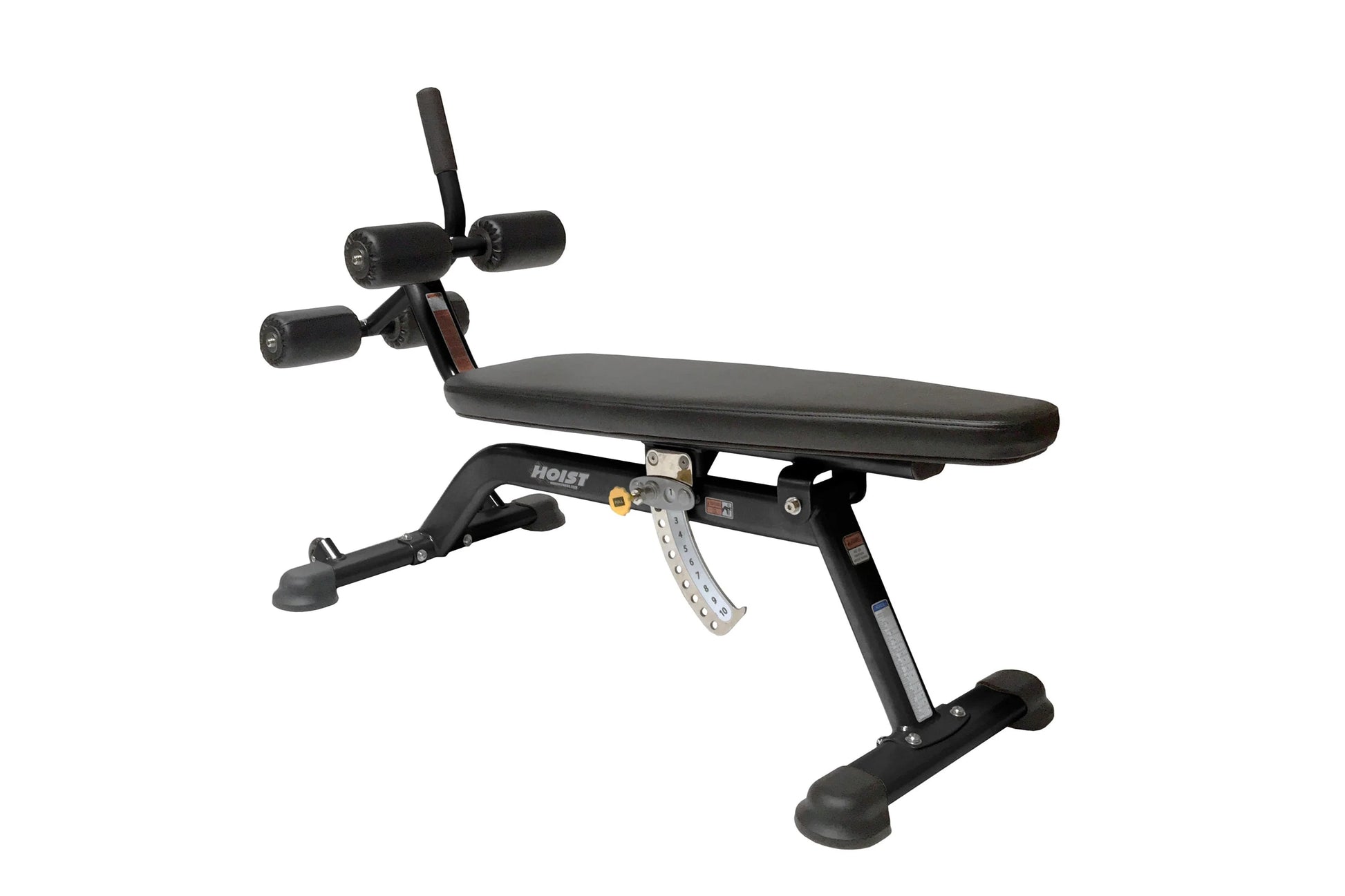 Hoist adjustable abdominal bench with black padded seat, dual rotating leg attachment arms, and foam foot platform on white b