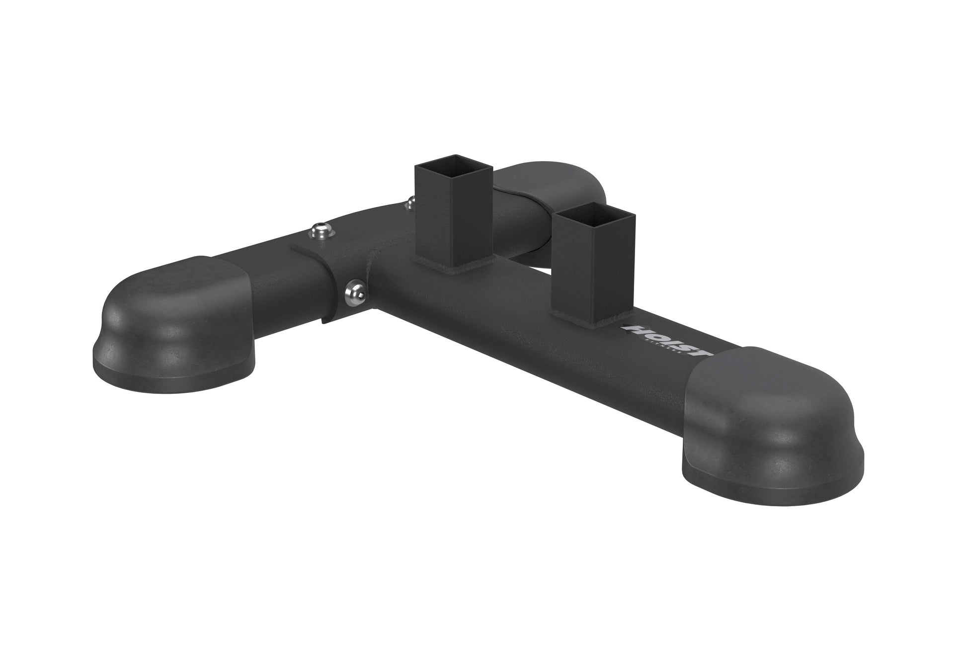 Black metal hoist attachment stand with curved pipe ends, central mounting bracket, and square support posts on white backgro
